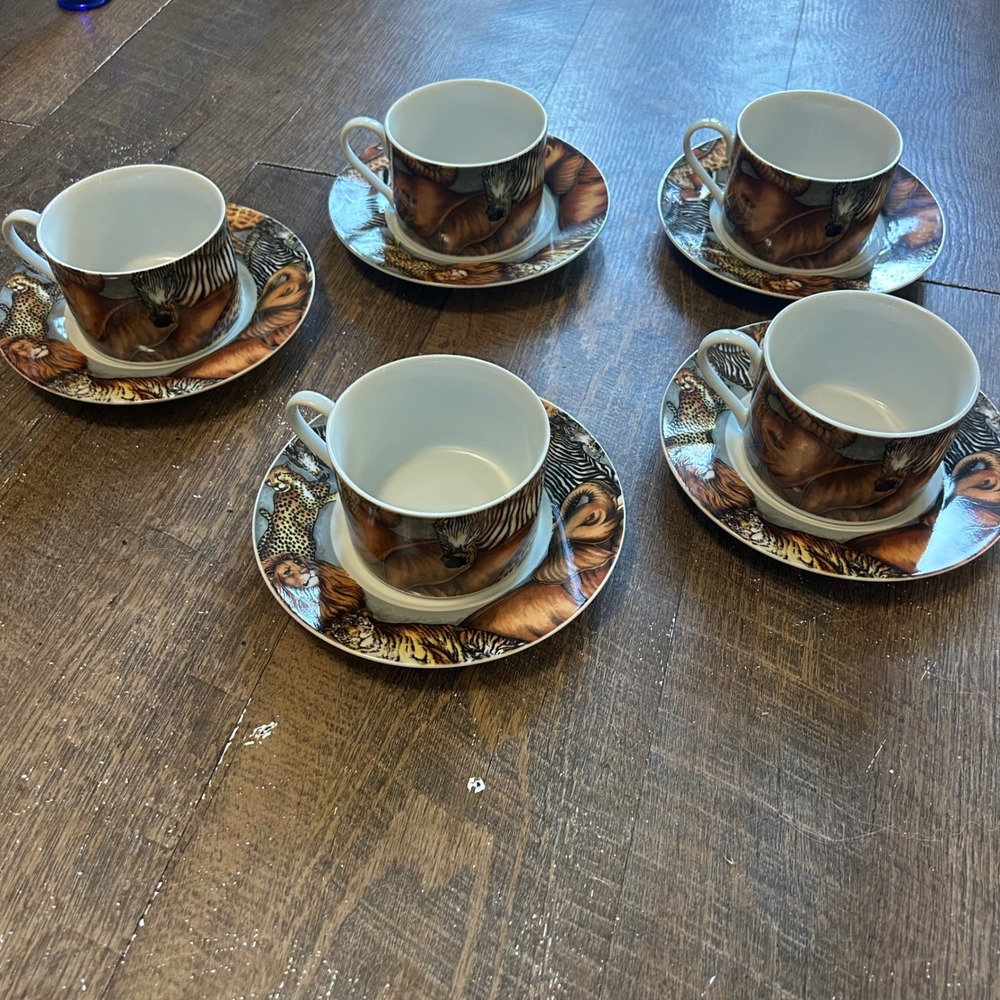 Vintage Sakura La Menagerie Safari Animal Cups and Saucers Set Jim Zak 1996